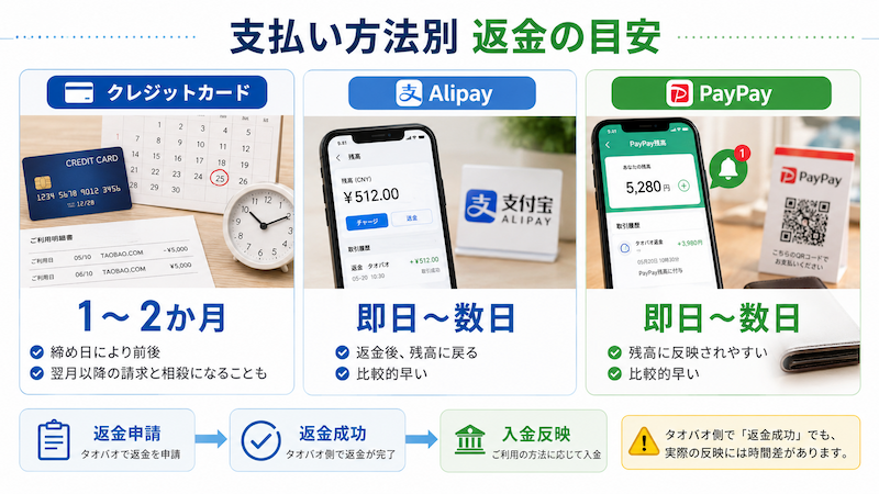タオバオのクレジットカード・Alipay・PayPay返金日数の目安