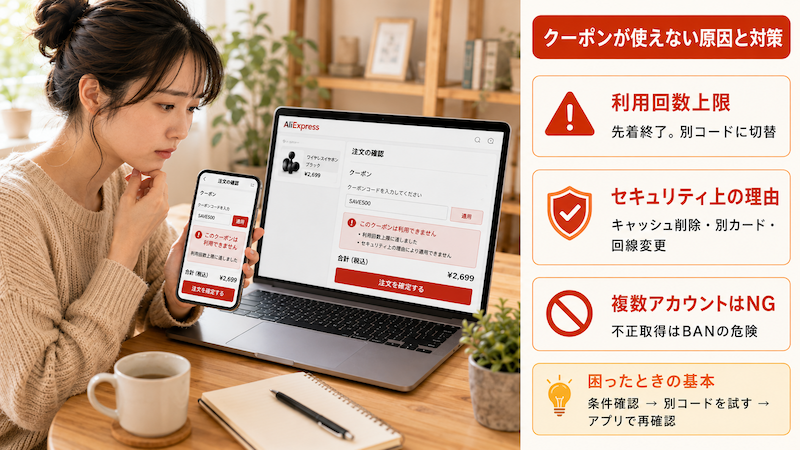 アリエクでクーポンが使えない・エラーになる原因と解決策