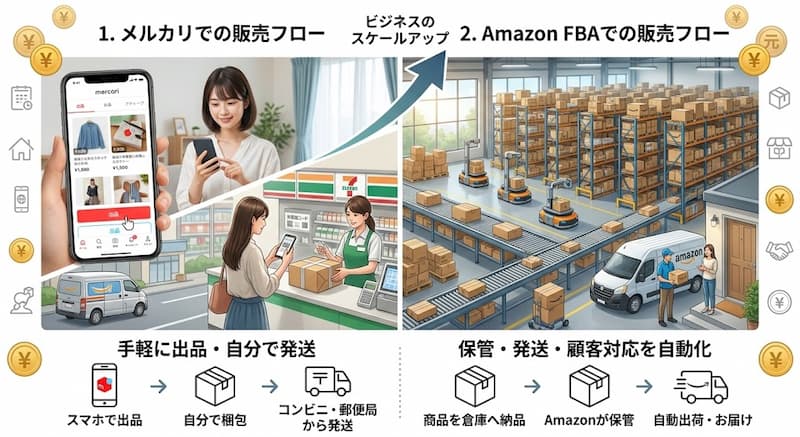 メルカリやAmazon(FBA)を利用した販売と発送の流れ