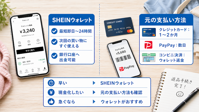 SHEIN返金方法と着金日数比較