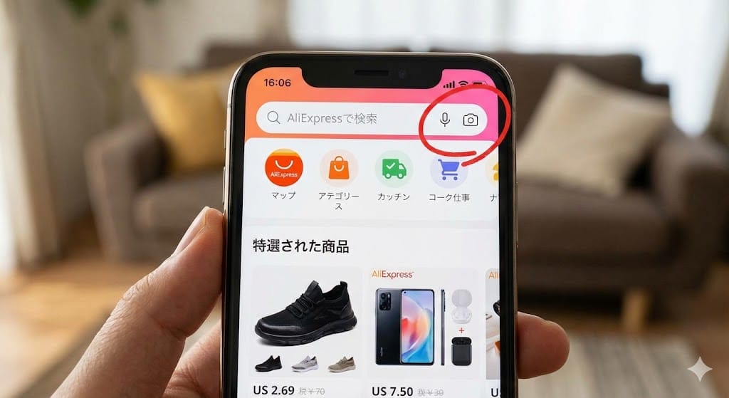 アリエクアプリの画像検索カメラマーク