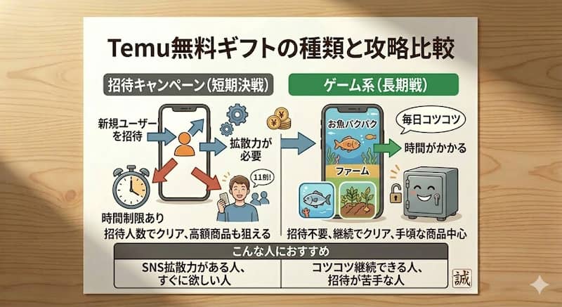 Temu無料ギフトキャンペーンの種類ともらい方