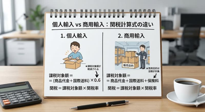 個人輸入と商用輸入の関税計算式の違い