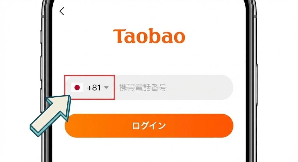 タオバオアプリのログイン画面と国番号選択
