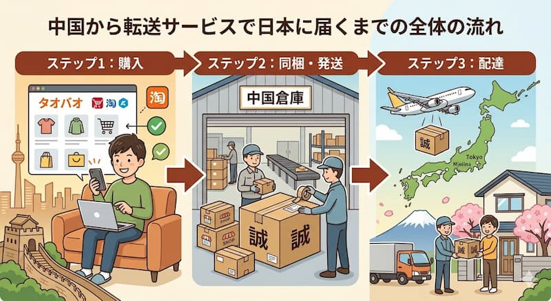 中国から転送サービスを利用して商品が日本に届くまでの全体フロー