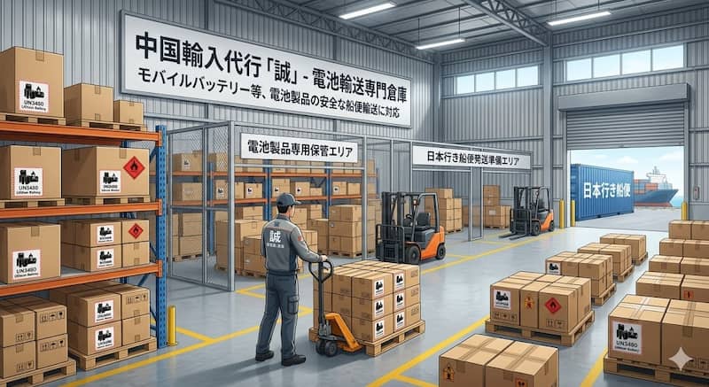 モバイルバッテリーを輸送できる中国輸入代行の物流倉庫