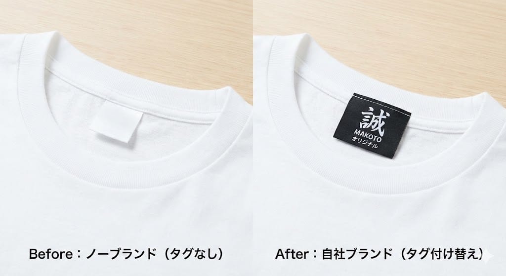 アパレル簡易OEMのタグ付け替えビフォーアフター