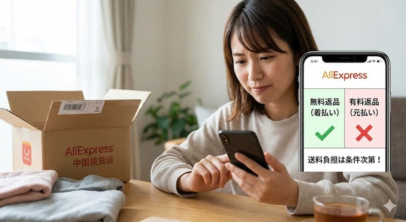 アリエクで返品の送料負担条件をチェックする女性