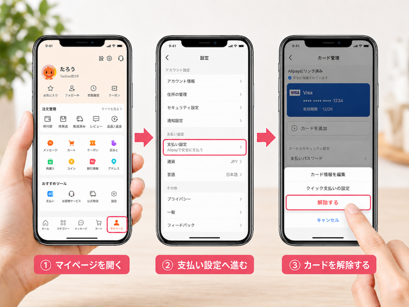 タオバオアプリからカード情報を削除する流れ