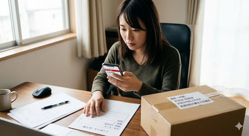 中国へ自費返送するための英語住所とインボイスの書き方を確認する様子