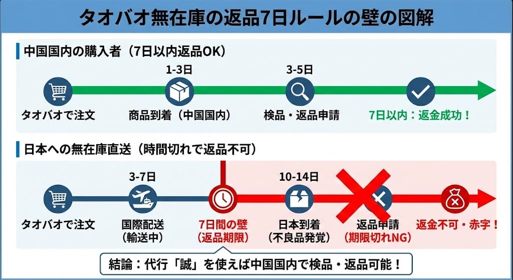タオバオ無在庫の返品7日ルールの壁の図解