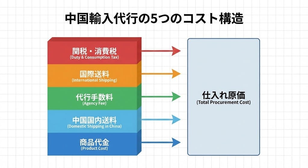 中国輸入代行の5つのコスト内訳図