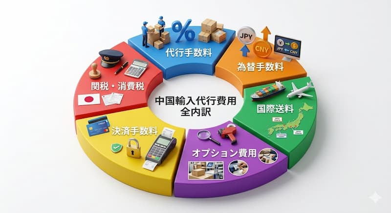 中国輸入代行の手数料と費用の全内訳グラフ