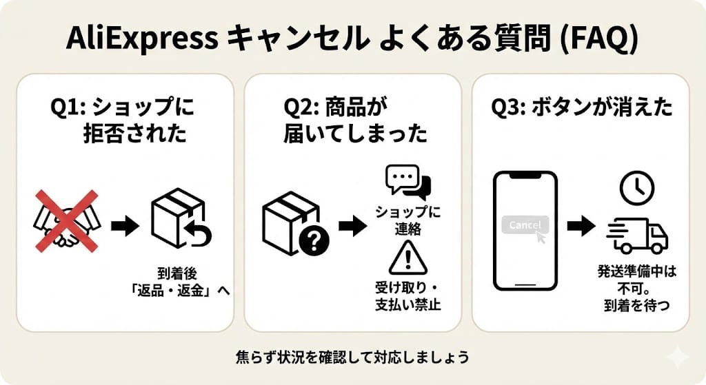 アリエクのキャンセル拒否やボタンがない時の対処法