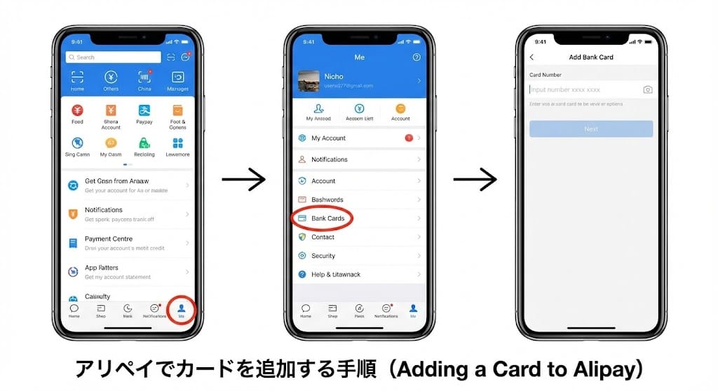 アリペイアプリでのカード追加手順