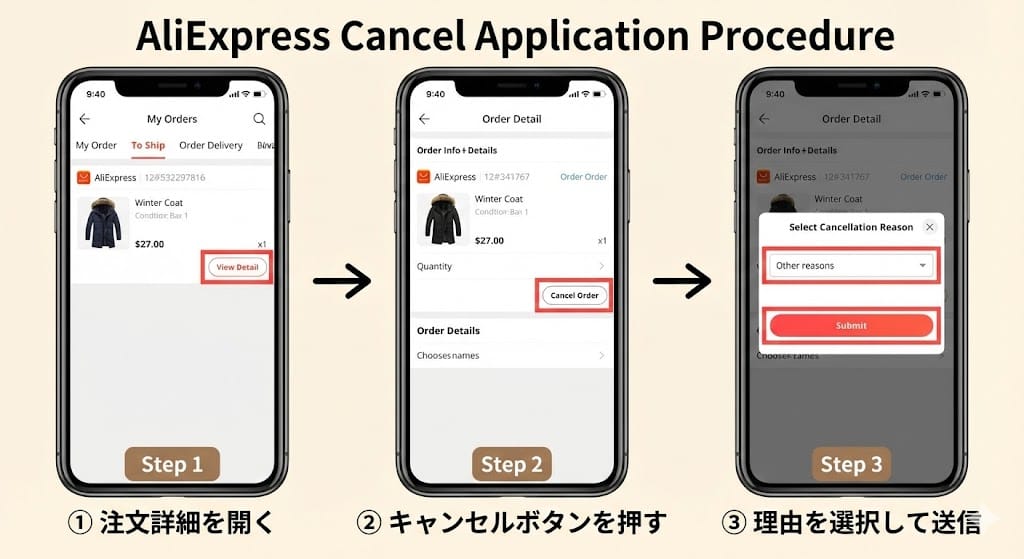 アリエクのキャンセル申請の手順と画面