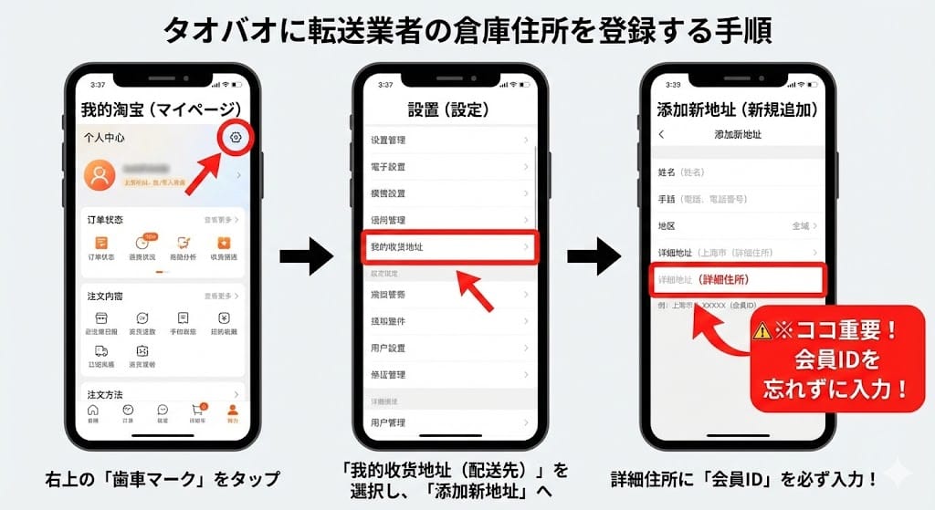 タオバオアプリへの転送業者(中国倉庫)住所の登録手順と注意点図解