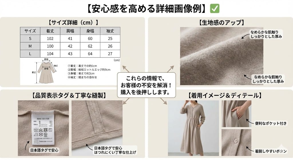 商品ページの安心感を高める詳細画像例