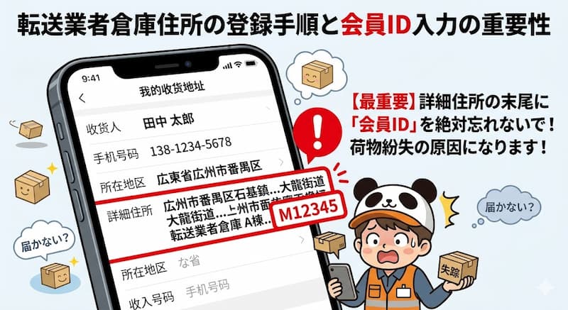 タオバオに転送業者の倉庫住所を登録する手順と会員IDの重要性