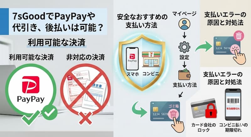 7sGoodで利用可能なPayPayと非対応の代引き・後払いの解説図