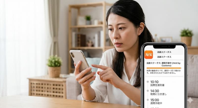 タオバオアプリで『通関手続中』のステータスを確認する女性
