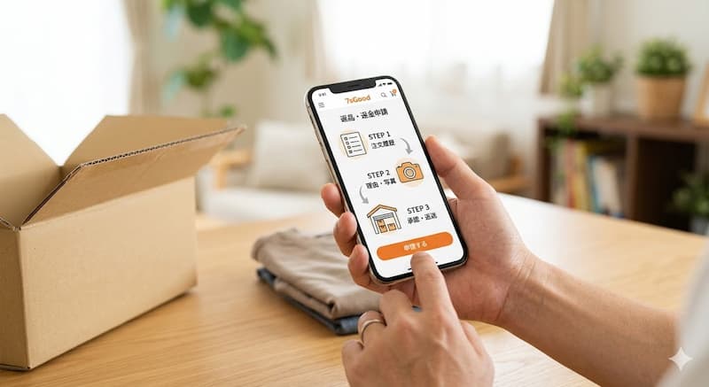 7sGoodアプリの返品申請をスマートフォンで操作する様子