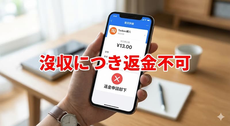 没収されたタオバオ商品のAlipay返金可否のイラスト