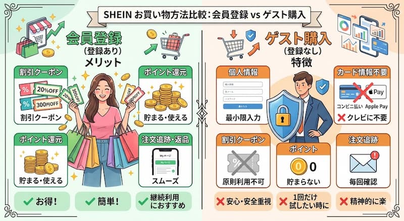 SHEINのゲスト購入と会員登録のメリットとデメリット比較