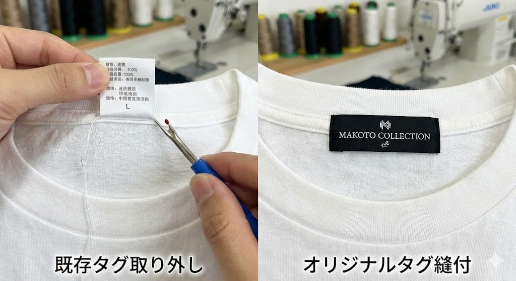 自社ブランド布タグ縫い付け