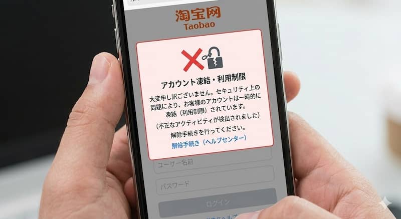 タオバオのアカウント凍結・利用制限のエラー画面タオバオのアカウント凍結・利用制限のエラー画面
