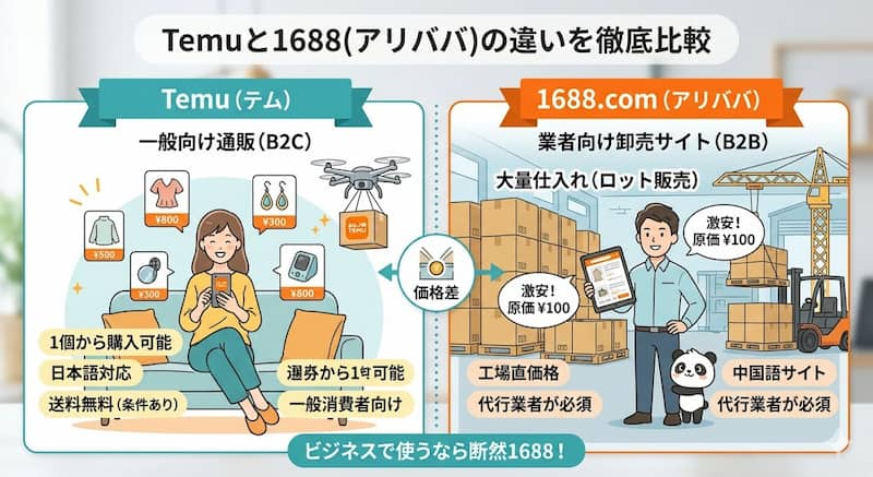 Temu（一般向け通販）と1688（業者向け卸売サイト）の違い