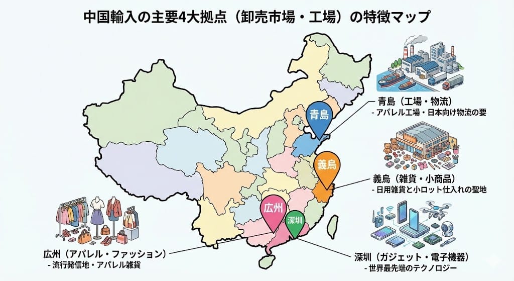 中国輸入の主要4大拠点マップ（義烏・広州・深圳・青島）