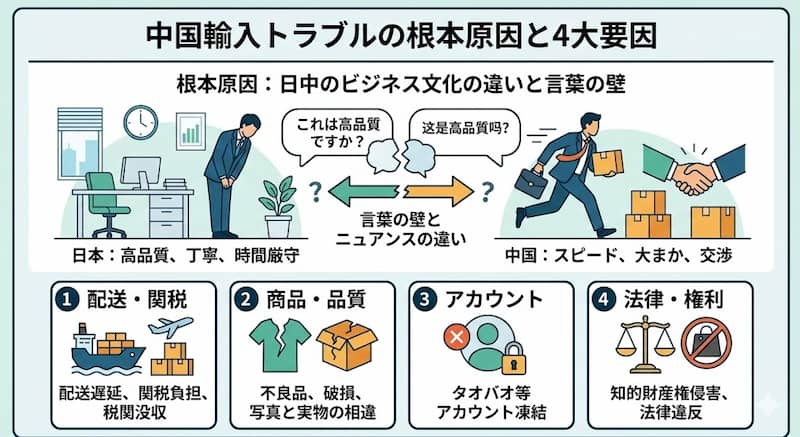 中国輸入でトラブルが起きる原因と4大要因の図解