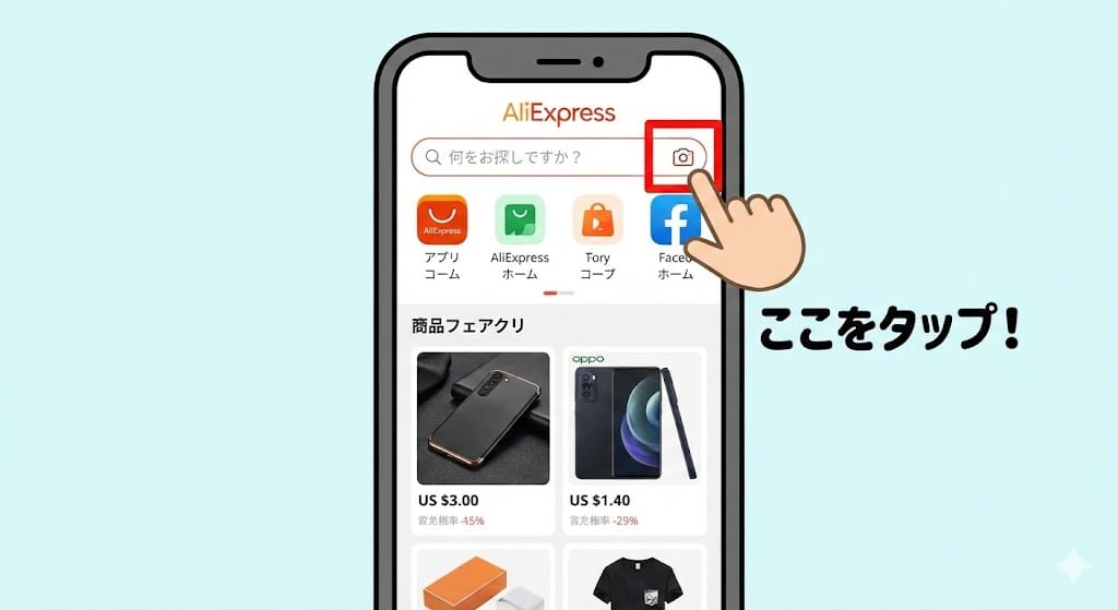 アリエクアプリでの画像検索手順（カメラアイコンの位置）