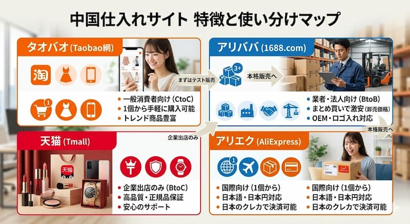 タオバオ・アリババ・天猫・アリエクの特徴と使い分けマップ