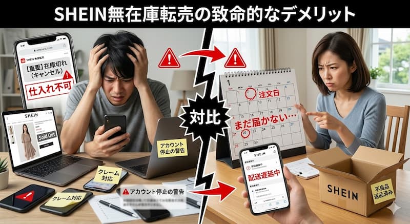 SHEIN無在庫転売のデメリットである配送遅延や在庫切れ・不良品トラブル
