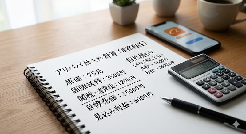 アリババ仕入れの利益計算と相見積もりのイメージ