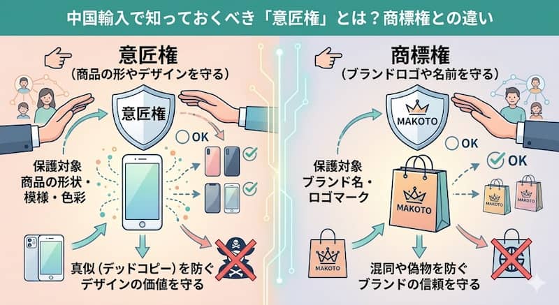中国輸入における意匠権と商標権の違いを図解