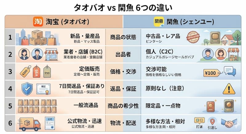 タオバオと閑魚の6つの違いを比較する図解イラスト