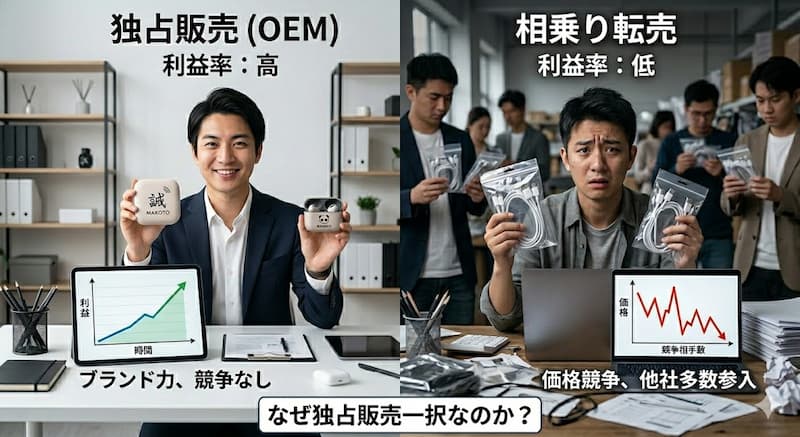 中国輸入の独占販売と相乗り転売の利益比較図