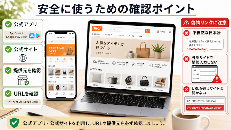 Temu公式サイトと偽物リンクの確認