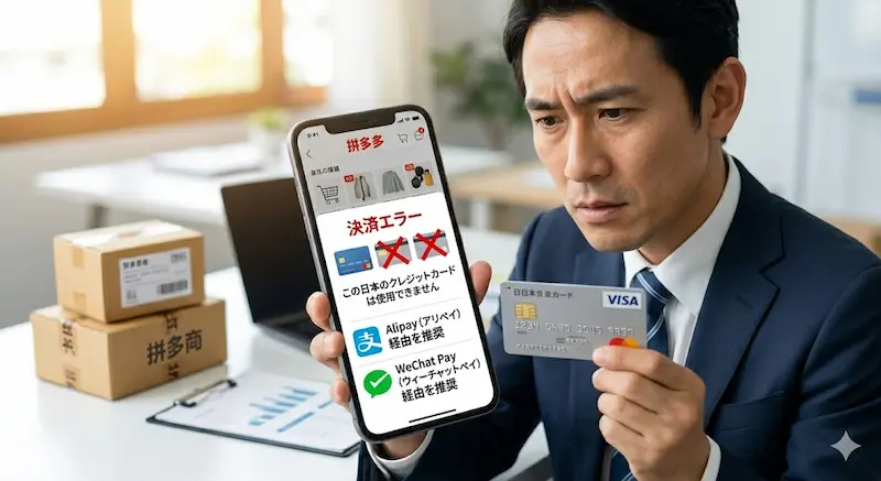 Alipay決済を検討する日本人男性バイヤー