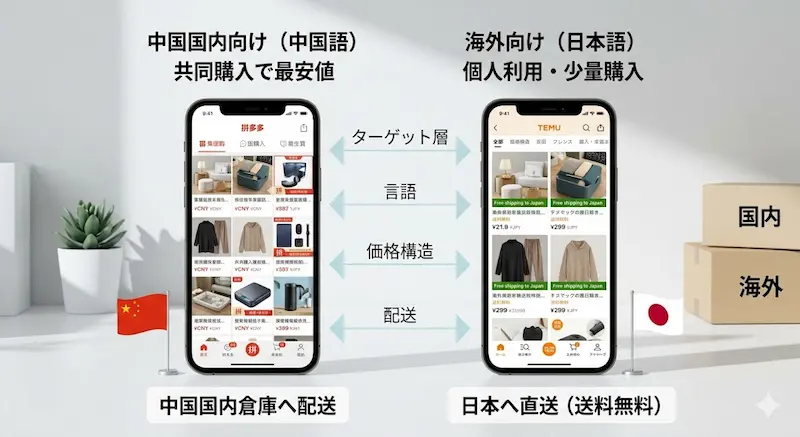 拼多多(Pinduoduo)とTemuの違いと比較図
