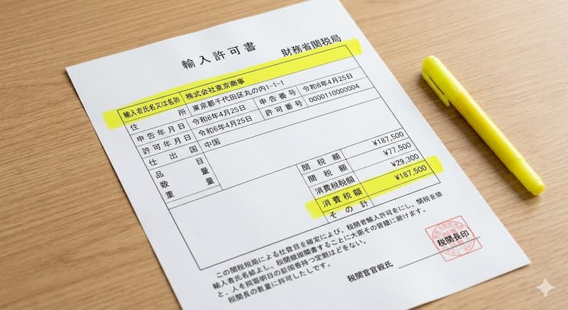 仕入税額控除に必要な輸入許可通知書の確認箇所