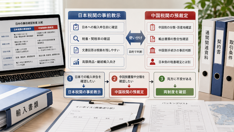 日本税関の事前教示と中国税関の預裁定の比較図