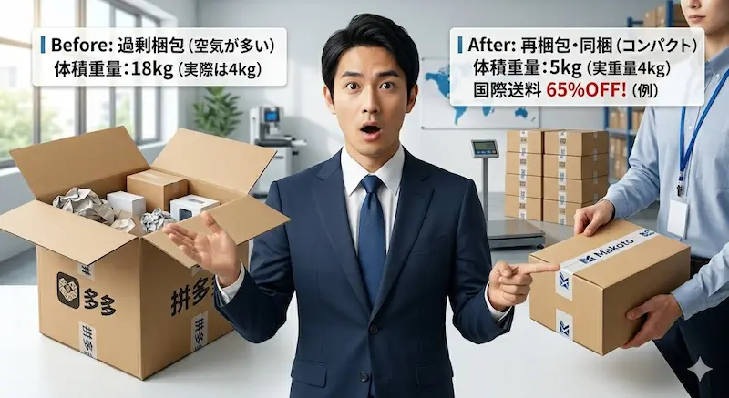 過剰梱包からコンパクトになり国際送料が安くなるBefore・Afterの写真